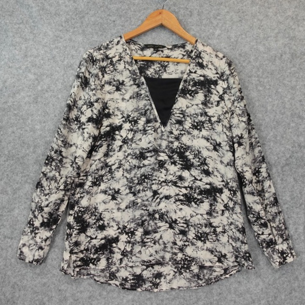 Whims Oversize Boho Silk Blouse Women Small Black Marbled Artsy Baggy DORA LANDA